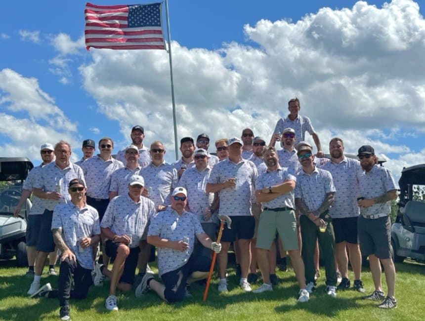 Large group in matching custom polos at a golf outing