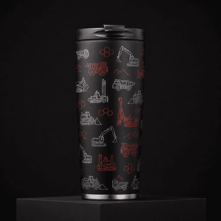 Custom Uncorp branded tumbler with all-over print pattern
