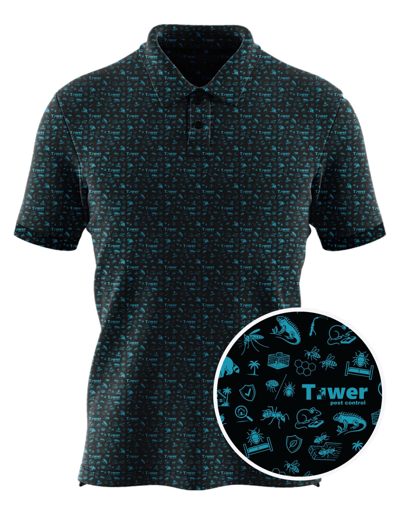 Tower Pest Control custom all-over print polo