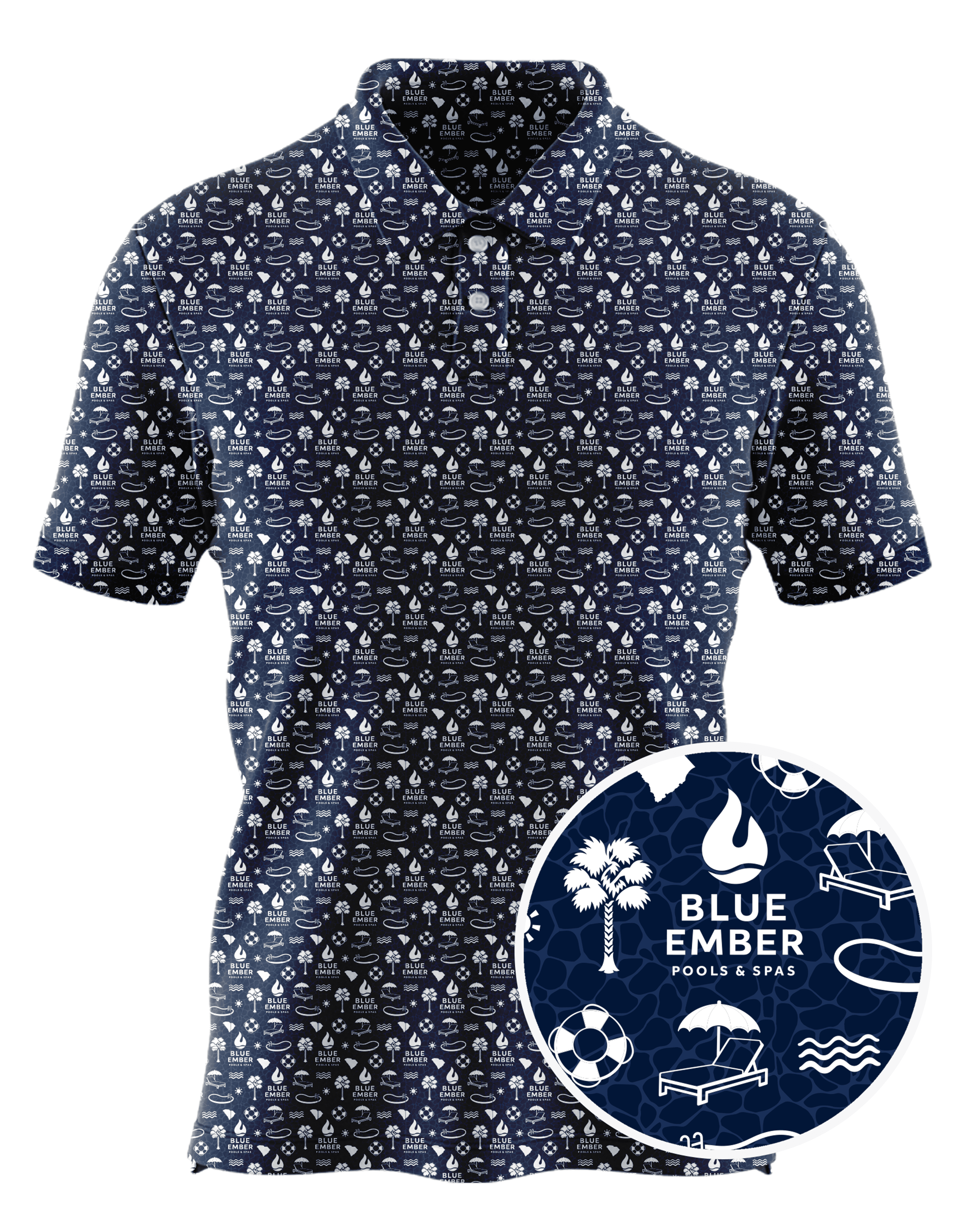 Blue Ember Pools and Spas custom all-over print polo