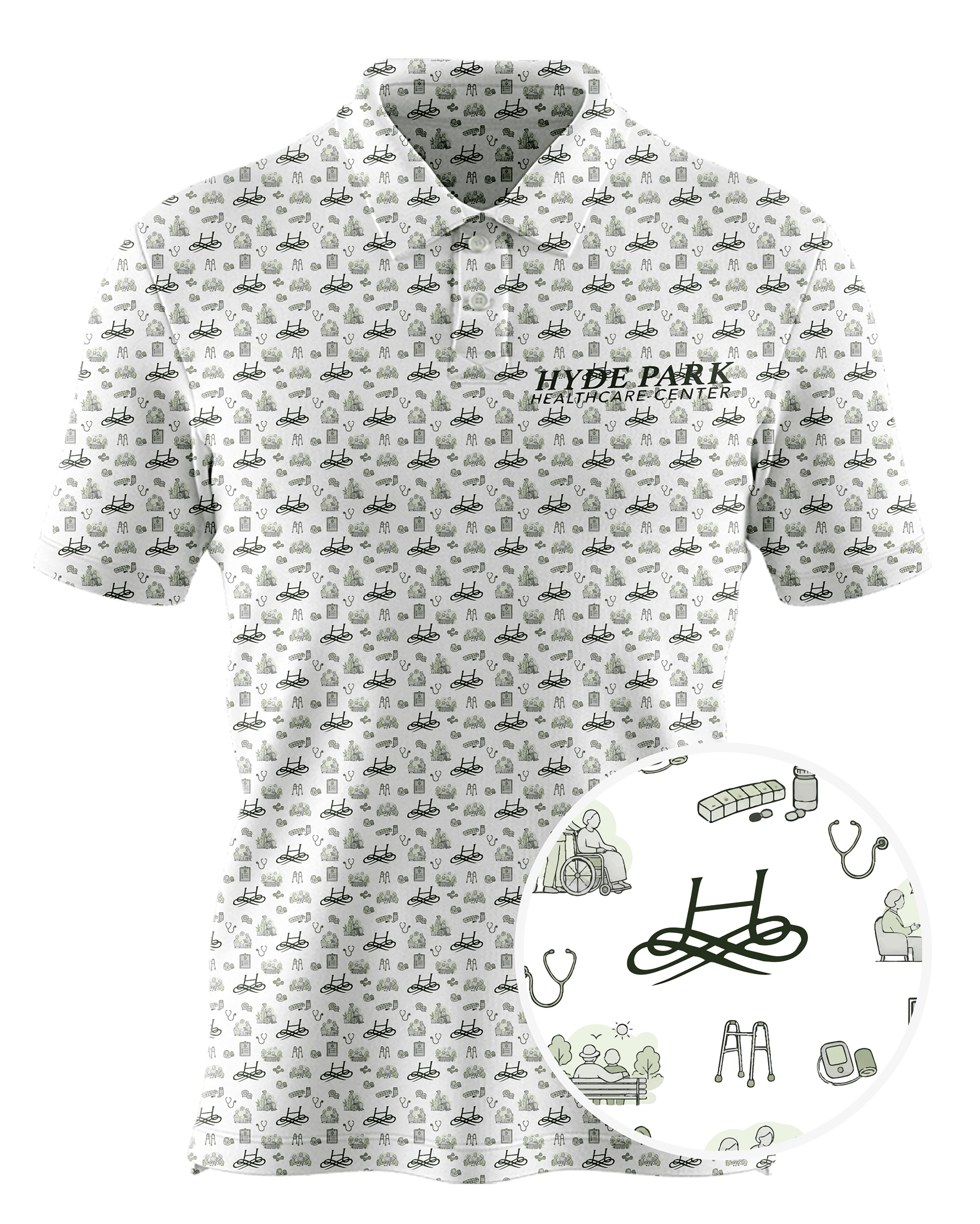 Hyde Park Healthcare Center custom all-over print polo