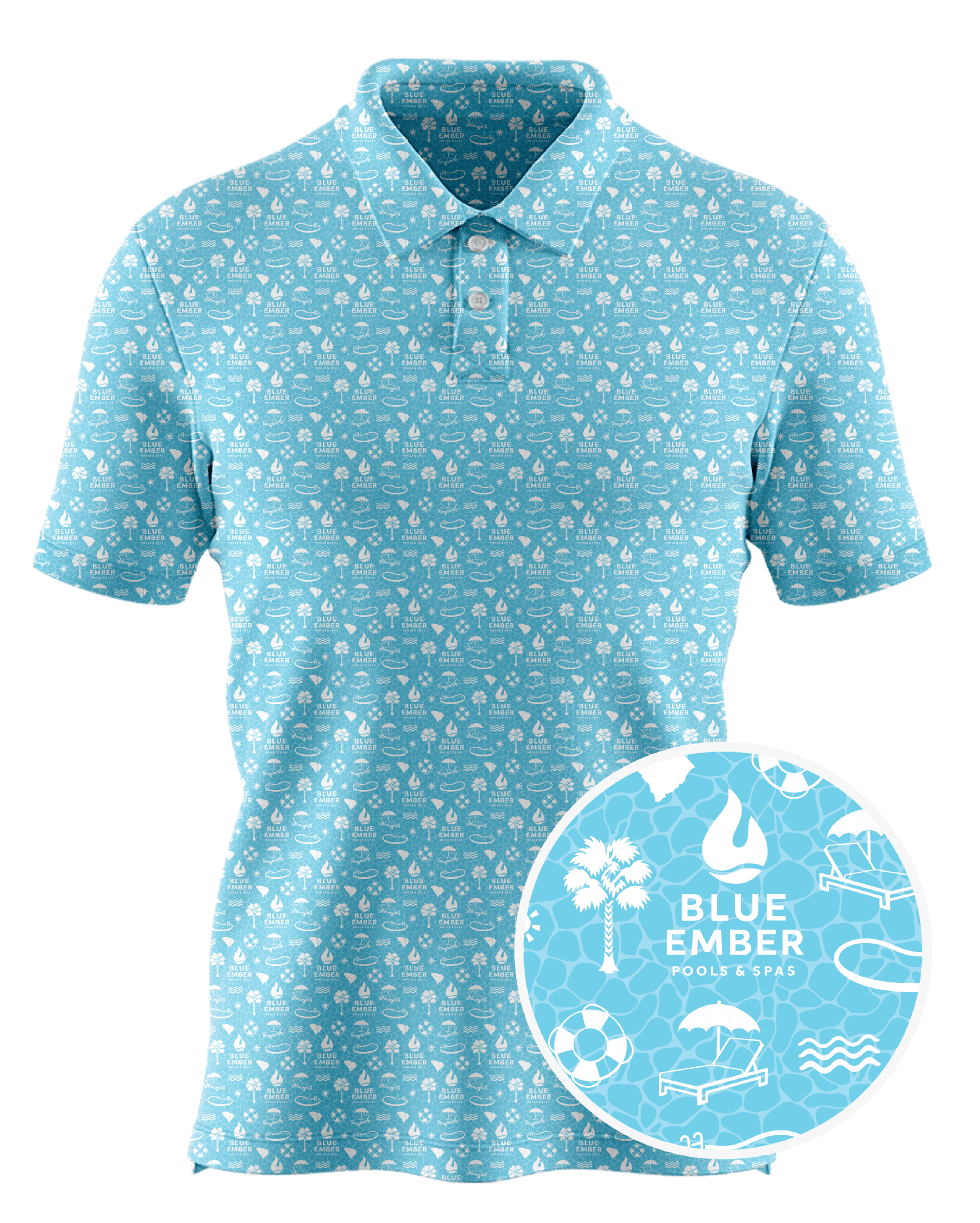 Blue Ember Pools and Spas custom all-over print polo