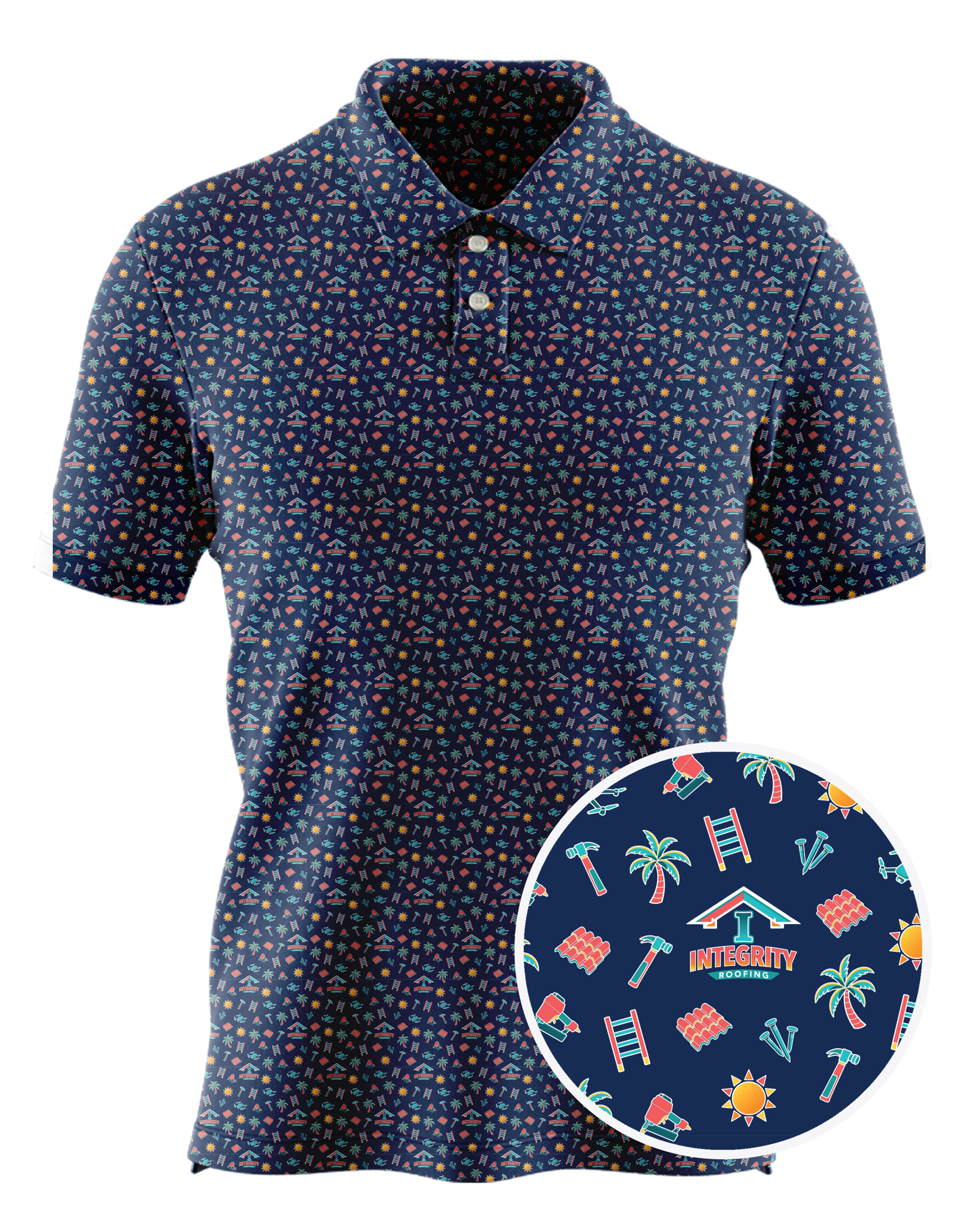 Integrity Roofing custom all-over print polo