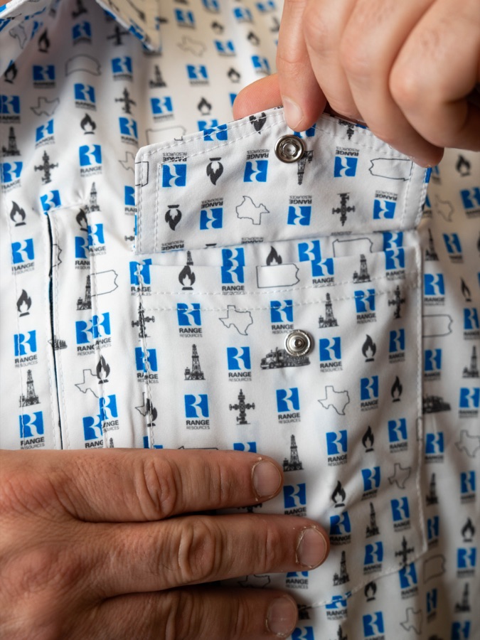 White custom snap button-up, flap pocket